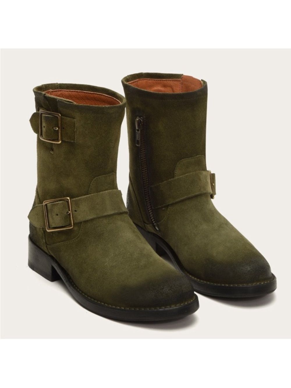 Frye Olive Green Suede Buckle Mid-Calf Vicky Engineer Combat Moto Boots Size 7
